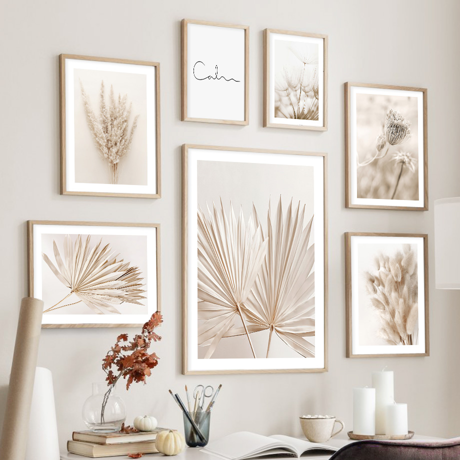 Palm Leaf Dried - Lukisan Dinding Boho Warna Beige Netral,